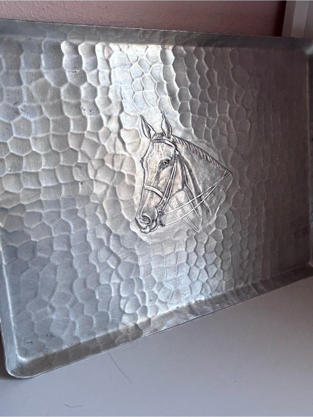 Antique Hand forged Metal Tray with Horse Head- Silver
